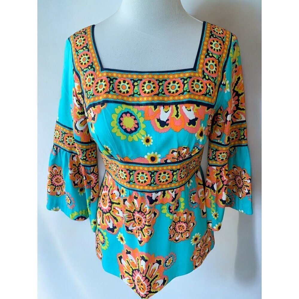 Trina Turk Silk Turquoise Medallion Boho Blouse — Quarter Sleeve Peplum — Size 4